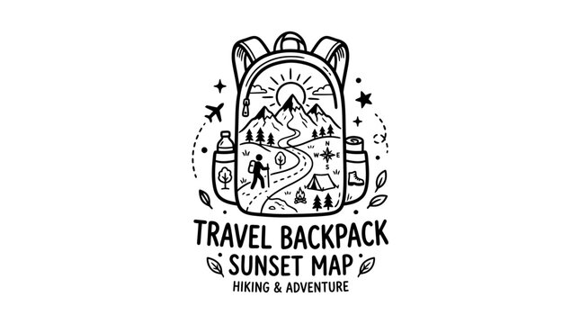 Travel backpack sunset map hiking adventure logo.