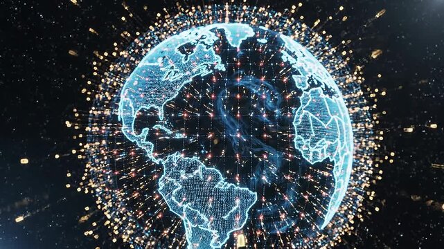 Futuristic digital globe with glowing data points and network connections showcasing global technology concept