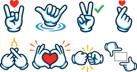 Fototapeta premium Various hand shapes collection cartoon hands making gestures signs and symbols isolated on transparent background