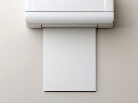 A modern white printer ejecting a blank sheet of paper isolated on white background. Useful for business document templates or professional creative presentations.