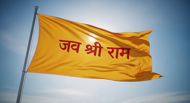 Saffron Religious Flag Waving with Hindi Text Against Blue Sky