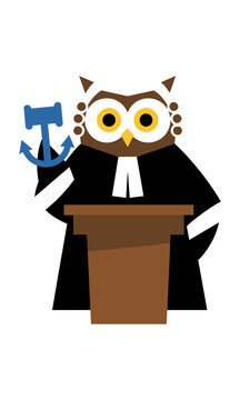 Wise owl magistrate wearing a barrister wig and judicial robes standing behind a wooden podium holding a blue gavel justice and legal system concept