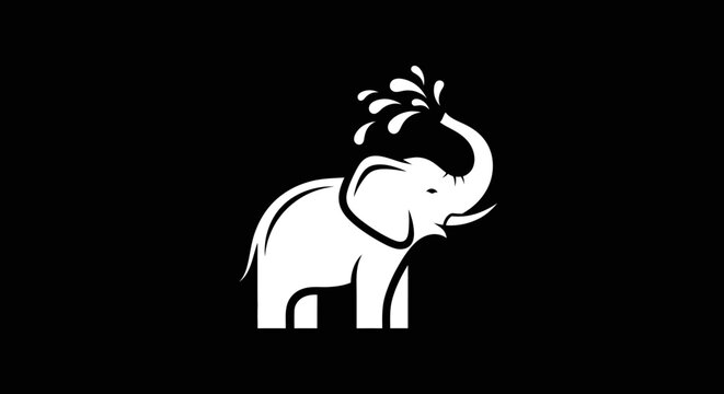 Minimalist white elephant spraying water vector logo design.