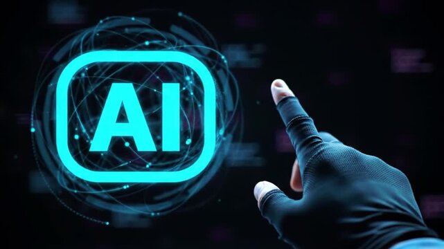 Glowing AI icon on dark digital background representing artificial intelligence technology