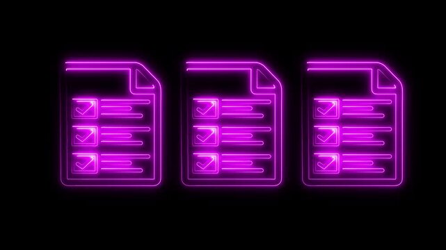 Futuristic neon purple glowing multiple document checklists icon animation isolated on black background, premium cyber pink questionnaire surveys and digital task complete transition symbol.4k