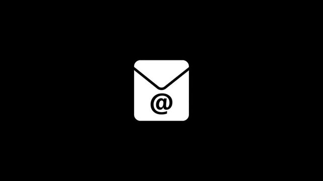 Minimal white email envelope icon animation with at sign on black background, premium clean mail notification and newsletter digital communication transition symbol.Animation on a Stock Video,