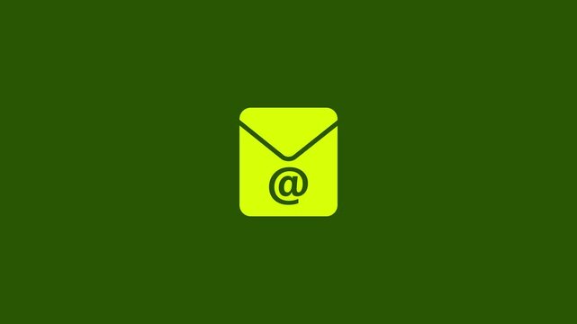 Minimal lime yellow email envelope icon animation with at sign on dark green background, premium clean mail notification and newsletter digital communication transition symbol.4k