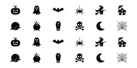 Fototapeta premium Halloween Icons Featuring Pumpkins, Ghosts, Bats, Spiders, Witches, Haunted Houses, Coffins, Skulls, Moons, and Spider Webs