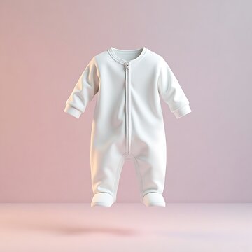 White baby bodysuit sleepsuit with full-body zipper on pastel studio backdrop, minimalist infant apparel showcase.