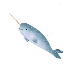 Cute Watercolor Narwhal Illustration – Adorable Blue Sea Unicorn Whale Character for Kids © MaylaffazaAurellia