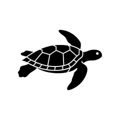 Sea Turtle icon featuring a graceful marine turtle with a distinctive shell and flippers. Premium black and white vector illustration representing ocean life, conservation, tropical destinations, wild © puntip_a