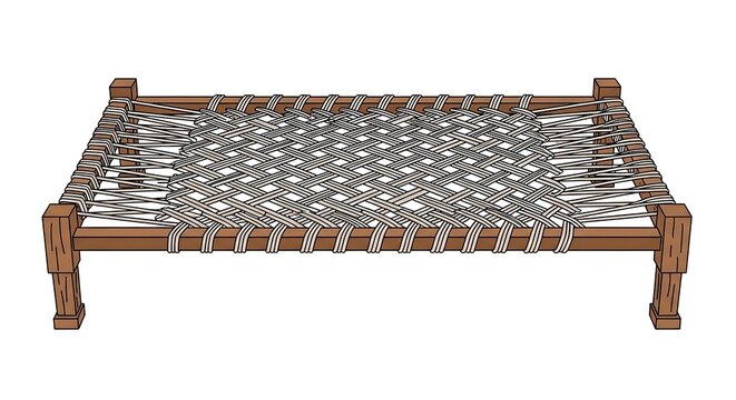 Traditional Woven Charpai Bed Frame Isolated on White Background Minimalist Style