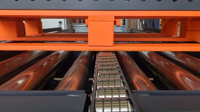Industrial roller conveyor system with integrated central chain drive transport line moving empty heavy duty wooden shipping pallet in modern automated logistics warehouse facility infrastructure