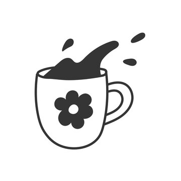 Coffee Cup with Splashing Splatters Doodle. Hand drawn vector illustration of a hot drink mug ejecting flying liquid tea droplets in messy arcs. Dynamic cafe branding breakfast menu energetic beverage