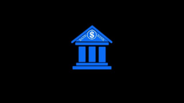 Blue bank building with a dollar sign symbol centered on a black background for financial and banking services and institutional concepts