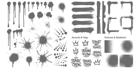 Set of black graffiti spray paint drips splatters and street art tag elements ©  Designer