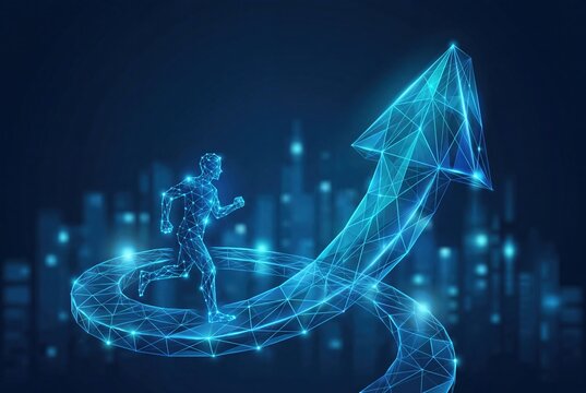 Digital human running on futuristic glowing path toward growth arrow for business success with cyber
