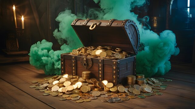 A treasure chest overflowing with gold coins and surrounded by green smoke in a dark room
