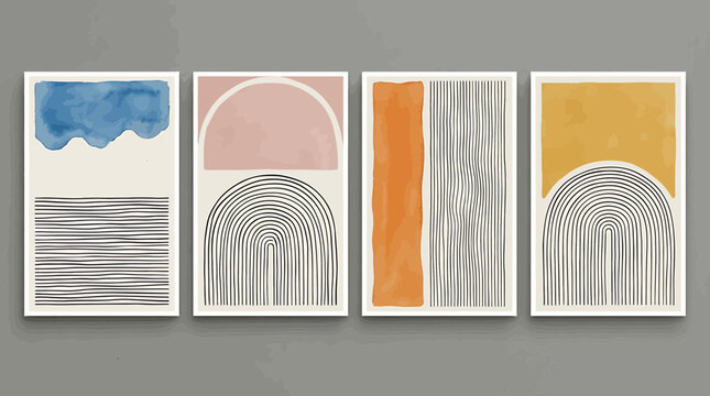Set of four modern abstract boho wall art prints featuring arches, lines, and organic watercolor textures in earthy tones