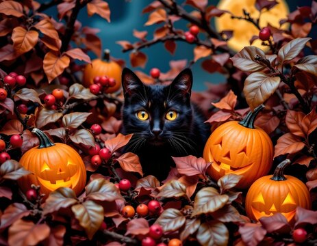 Whimsical Halloween Scene with Black Cat and Carved Pumpkins