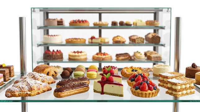 Gourmet pastry display with assorted cakes and tarts, luxury bakery glass showcase, professional confectionery selection for dessert menu isolated PNG with Transparent Background