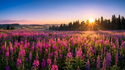 Obraz premium Beautiful summer meadow filled with purple wildflowers at sunrise with golden sunbeams