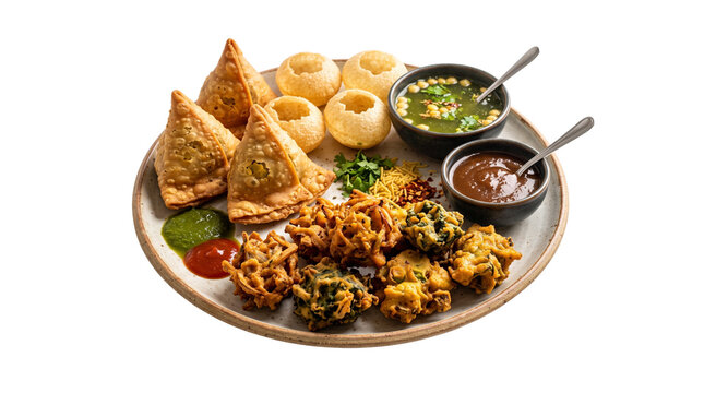 Traditional Indian street food platter with samosas and pakoras, crispy pani puri shells with spicy mint water, assorted fried appetizers and chutneys isolated PNG with Transparent Background