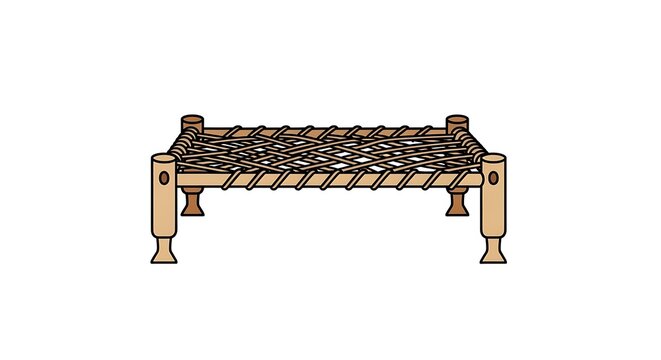 Traditional wooden charpai bed with woven rope seat isolated on white background