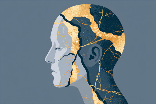 An illustration of a head in kintsugi technique, restored with gold, the concept of strength and restoration of consciousness.