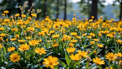 Obraz premium Golden Wildflowers Sunlit Meadow After Rain