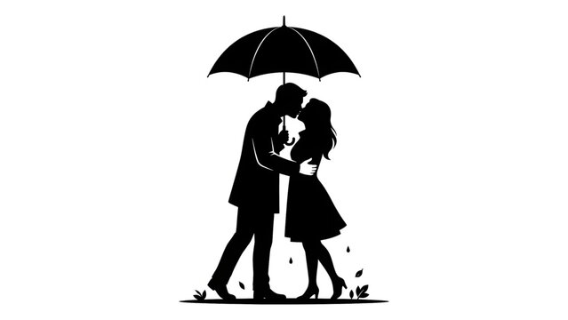 Pasangan romantis berciuman di bawah payung ilustrasi siluet