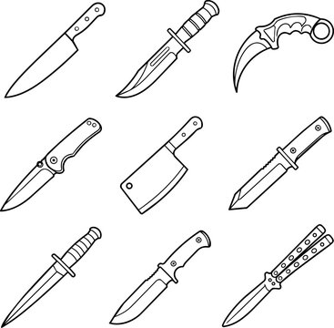 Outline set of assorted knives including chef dagger cleaver karambit and butterfly