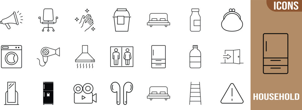 Everyday household and office items. fridge icon set, washing machine icon set, bed icon set