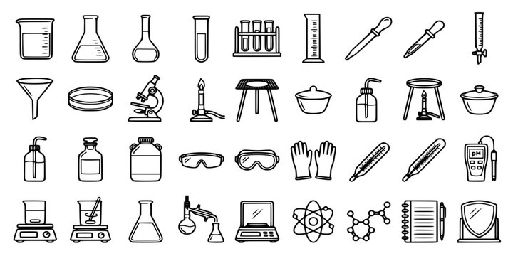 Chemistry Laboratory Research and Scientific Glassware Outline Icon Set. Vector Line Icons for Bioscience Experiment, Test Tubes, Microscope, Medical Study, and Pharma