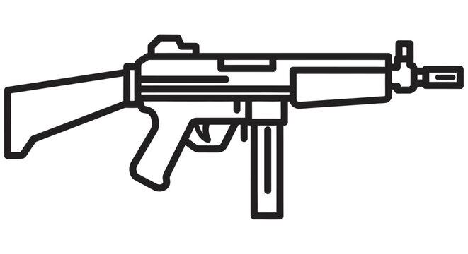 Submachine Gun Silhouette On White Background Linear Style Illustration automatic