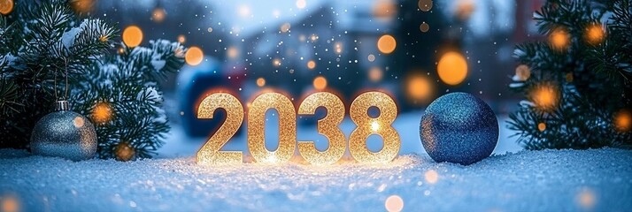 Fototapeta premium Elegant Greeting Card Featuring The Gold Number 2038 In Winter Season Landscape With Bokeh Lights