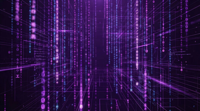 Purple neon digital matrix binary code tunnel, futuristic cyberspace data technology background, glowing numbers