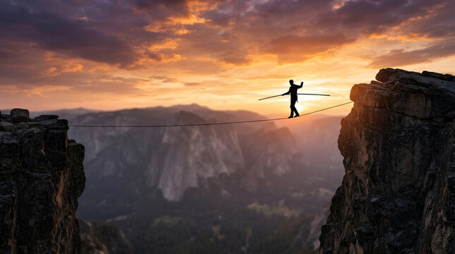 Silhouette of tightrope walker balancing highline between rocky cliffs at dramatic sunset, extreme balance sport
