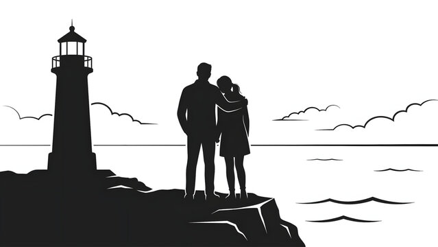 Pasangan romantis di tebing mercusuar melihat laut luas