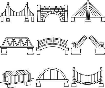 Outline collection of bridge types including suspension arch truss and drawbridge