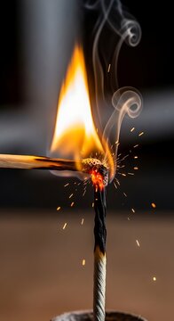 Burning Matchstick Igniting Sparkler with Flame and Smoke in Dark Indoor Setting