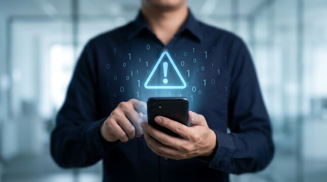 Technician holding smartphone interacting with blue binary code security warning icon representing digital data processing error in modern technology office workspace