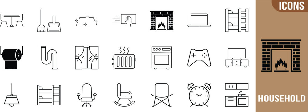 Household furniture appliance cleaning outline icons. fireplace icon set, laptop icon set, bunk bed icon set