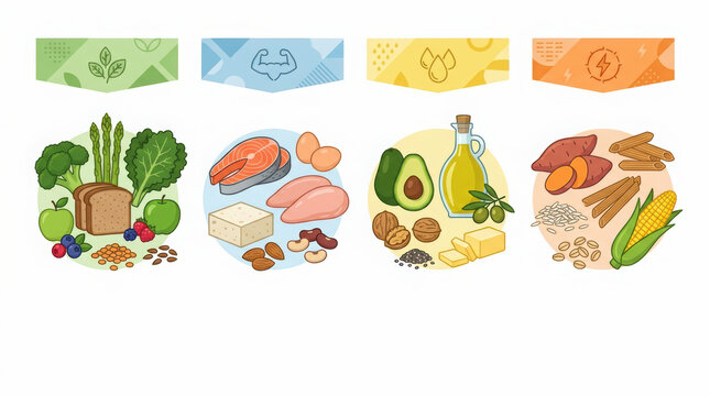 Whole grain vegetable fruit protein fish egg nut oil avocado sweet potato corn healthy nutrition diet food balanced meal fresh organic