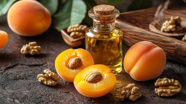 Apricot kernel oil in glass bottle with fresh apricots and walnuts on dark background.