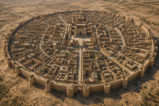 Ancient Hatra city reconstruction aerial view with circular fortified walls