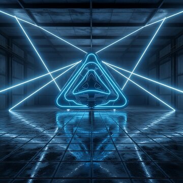 Prismatic Glow: A Neon Prism in a Reflective Void