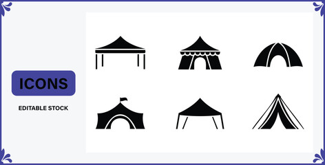 Collection of various tent and canopy icons in black silhouette on white background for design and editing purposes  editable stock © Badsha Mollik