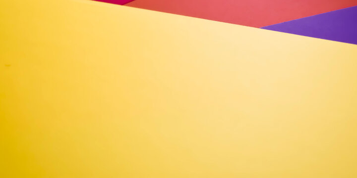 Geometric color block background with a dominant large yellow surface and red and purple paper layers in the corner