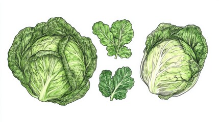 Fototapeta premium Fresh green leafy vegetables arranged on a white background.